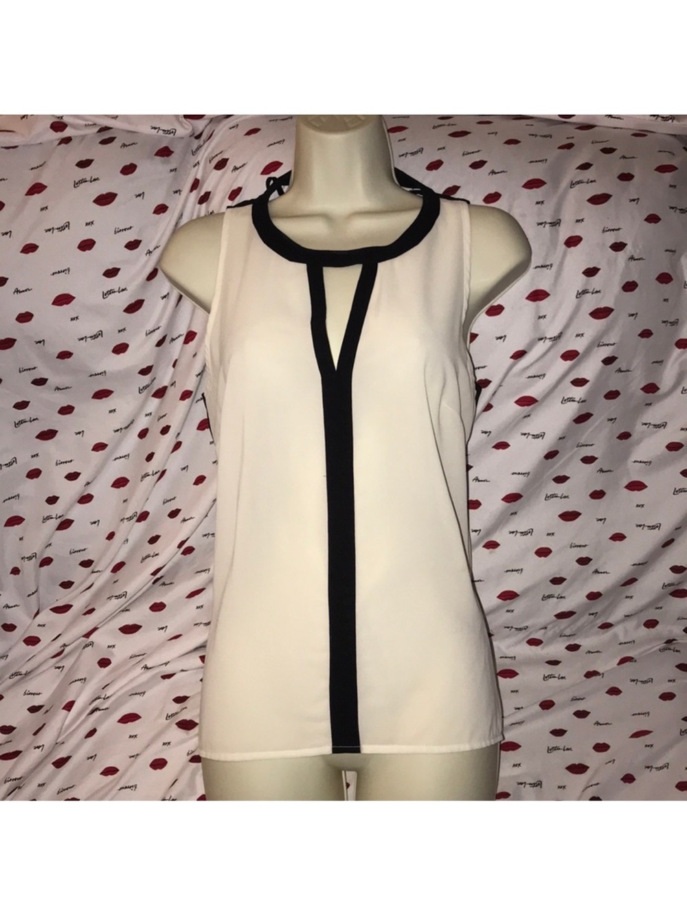 Love Stitch small white Tank with Black Trim Accent